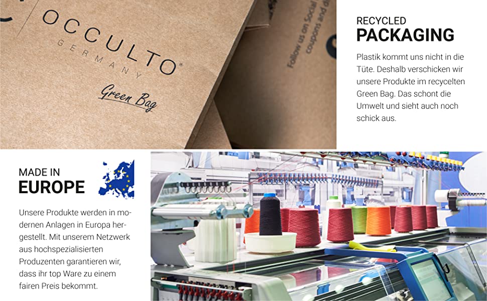 recyceltes Packaging von Occulto mit Text, Bild von Produktionsstätte zur Textilherstellung