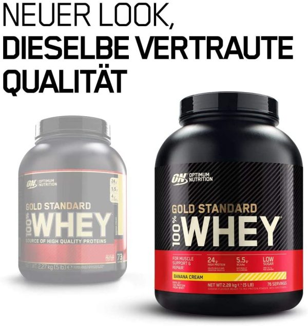 Optimum Nutrition ON Gold Standard Whey Protein Pulver, Eiweißpulver Muskelaufbau mit Glutamin und Aminosäuren, natürlich enthaltene BCAA, Banana Cream, 76 Portionen, 2,28kg