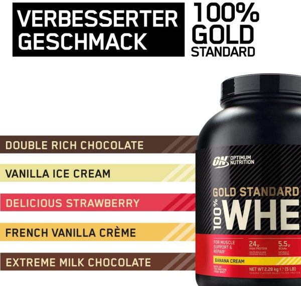 Optimum Nutrition ON Gold Standard Whey Protein Pulver, Eiweißpulver Muskelaufbau mit Glutamin und Aminosäuren, natürlich enthaltene BCAA, Banana Cream, 76 Portionen, 2,28kg – Bild 2