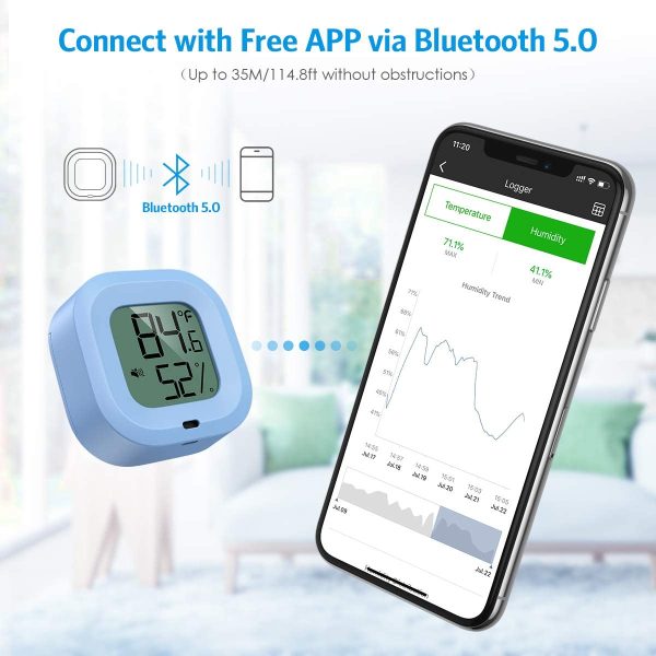 Kabelloses Thermometer Hygrometer, Bluetooth Thermometer Hygrometer für IOS/Andiord, Thermometer Innen mit Datenlogger und Daten Export, Alarm-funktion, für Wein, Terrarien, Babyzimmer(Blau)