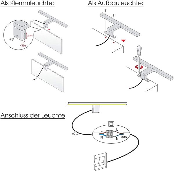 LED Spiegelleuchte LEVA 2-in-1 Aufbauleuchte oder Klemmleuchte 50cm in chrom, 8W IP44, neutralweiß 4500K - für Möbel, Spiegel und Bad – Bild 2