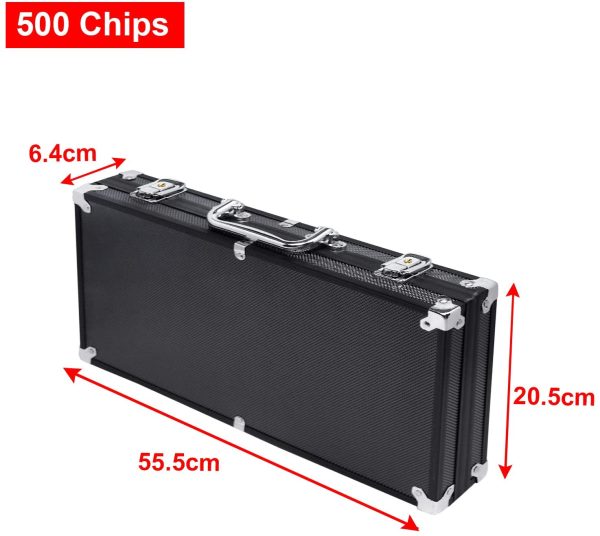 UISEBRT Pokerkoffer Set 500 Chips - Pokerset Laser inkl. 2X Pokerdecks, 5X Würfel, 3X Dealer Button (500 Chips, Schwarz Aluminium-Gehäuse)