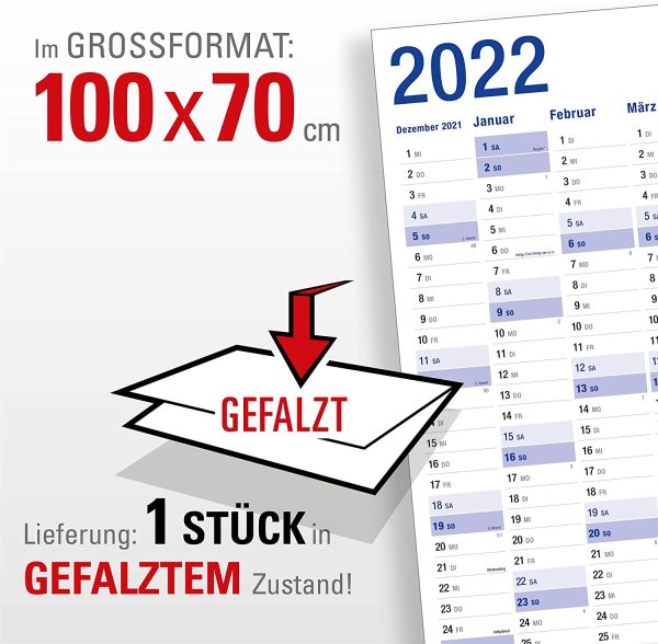 Yohmoe® XXL Jahresplaner 2022 Wandkalender (100 x 70 cm) GEFALZT in Poster Größe. Querformat, gefaltet - Wandplaner, Jahreskalender, Plakatkalender. – Bild 5