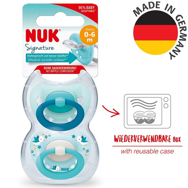 NUK Signature Schnuller | 0-6 Monate | BPA-freier Schnuller aus Silikon | blaugrüne Sterne | 2 Stück