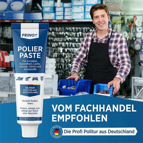 ® 150ml Polierpaste inkl. Profi Poliertuch I Politur für Acrylglas, Epoxidharz, Lacke, Gelcoat gfk, Chrom & Kunststoffe I Entfernt Mattierungen & Mikro Kratzer