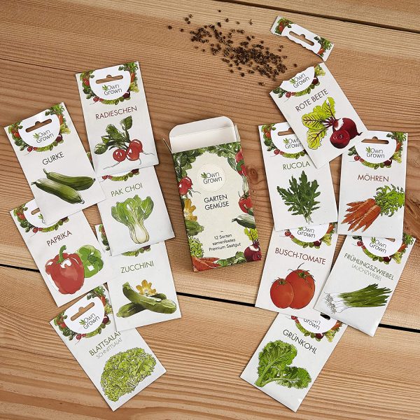 OwnGrown Gemüse Samen Set, 12 Sorten Premium Gemüse Saatgut, Gemüse anbauen im Garten oder Hochbeet, Gemüsesamen Sortiment im praktischen 12er Gemüseset