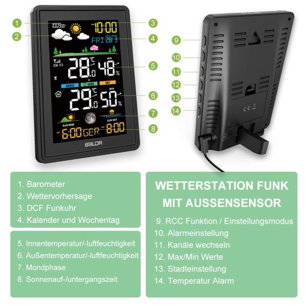 Konsen Wetterstation funk mit Außensensor Multifunktionale Funkwetterstation DCF Funkuhr Digital Thermometer Hygrometer mit Wettervorhersage, Schwarz – Bild 7