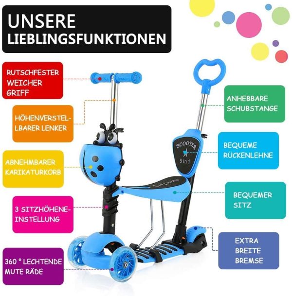 YOLEO 5-in-1 Kinder Roller Scooter mit Abnehmbarer Karikaturkorb Sitz Schubstange LED große Räder Bequeme Rückenlehne Höheverstellbare Lenker für Kleinkinder Jungen Mädchen ab 2 Jahre – Bild 7