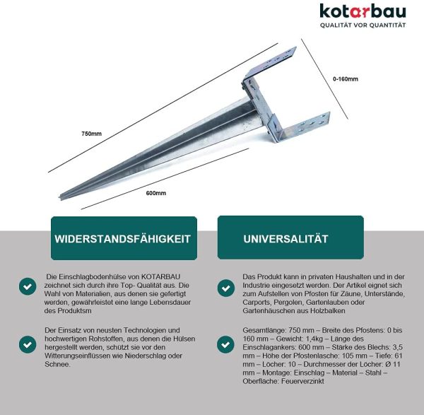 ® Pfostenträger 0 ??160 mm Verstellbar Feuerverzinkt Einschlaghülse Pfostenträger Bodenhülse Einschlagbodenhülse Pfosten Anker Stahl Silber – Bild 5