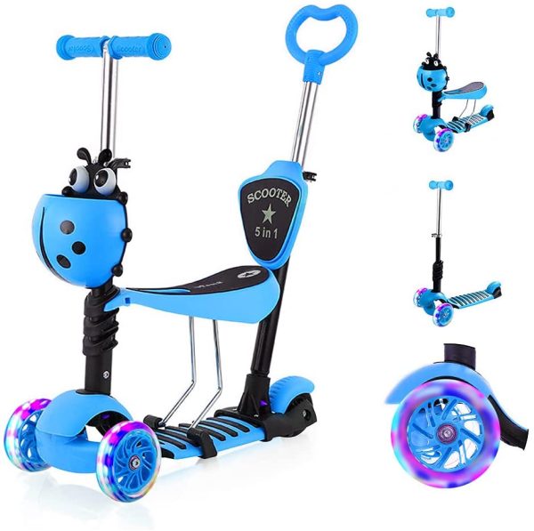 YOLEO 5-in-1 Kinder Roller Scooter mit Abnehmbarer Karikaturkorb Sitz Schubstange LED große Räder Bequeme Rückenlehne Höheverstellbare Lenker für Kleinkinder Jungen Mädchen ab 2 Jahre – Bild 4