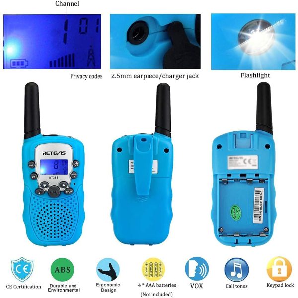 Retevis RT388 Walkie Talkies Kinder, Funkgerät Große Reichweite Spielzeug ab 3-12 Jahre, 8 Kanäle LCD Taschenlampe,Geschenke für Camping,Abenteuer,Wandern(1 Paar, Blau) – Bild 6