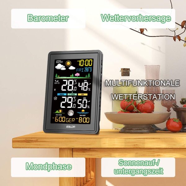 Konsen Wetterstation funk mit Außensensor Multifunktionale Funkwetterstation DCF Funkuhr Digital Thermometer Hygrometer mit Wettervorhersage, Schwarz – Bild 5