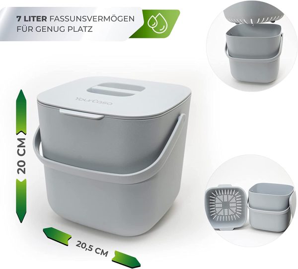 YourCasa® Komposteimer - 7L - für alltäglichen Biomüll in der Küche - Spülmaschinenfest - geruchsdicht- herausnehmbarer Inneneinsatz - Bio Mülleimer mit Deckel (Hellgrau) – Bild 6