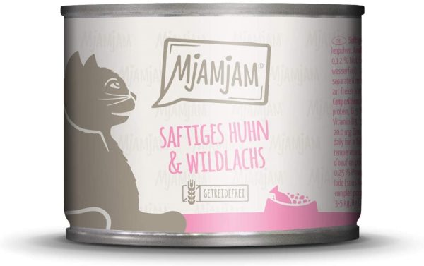 MjAMjAM - Premium Nassfutter für n - saftiges huhn und wildlachs, 6er Pack (6 x 200 g), getreidefrei mit extra viel Fleisch