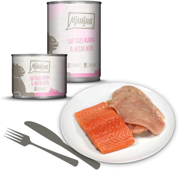 MjAMjAM - Premium Nassfutter für n - saftiges huhn und wildlachs, 6er Pack (6 x 200 g), getreidefrei mit extra viel Fleisch – Bild 2