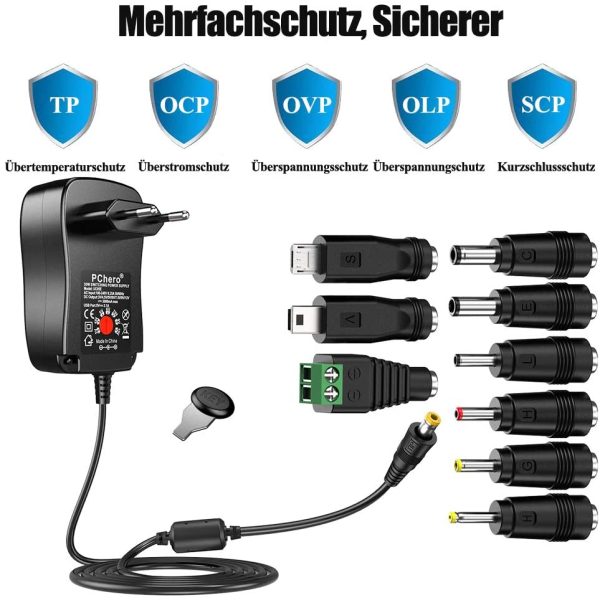 [Verbesserte Version] PChero 30W Universal AC/DC Adapter Schaltnetzteil mit 9pcs Adapter Tipps, enthält Mini & Micro USB Stecker, für 3V bis 12V Haushaltselektronik und LED-Streifen - 2000mA max – Bild 6