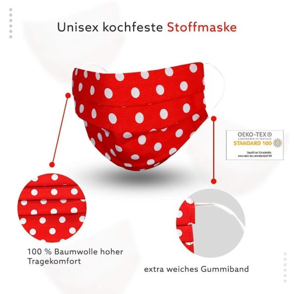 Unisex Stoffmasken Mundschutz Maske Stoff 100% Baumwolle Mund Nasen Schutzmaske mit Motiv Mund und Nasenschutz Maske waschbar ROT große Punkte – Bild 8