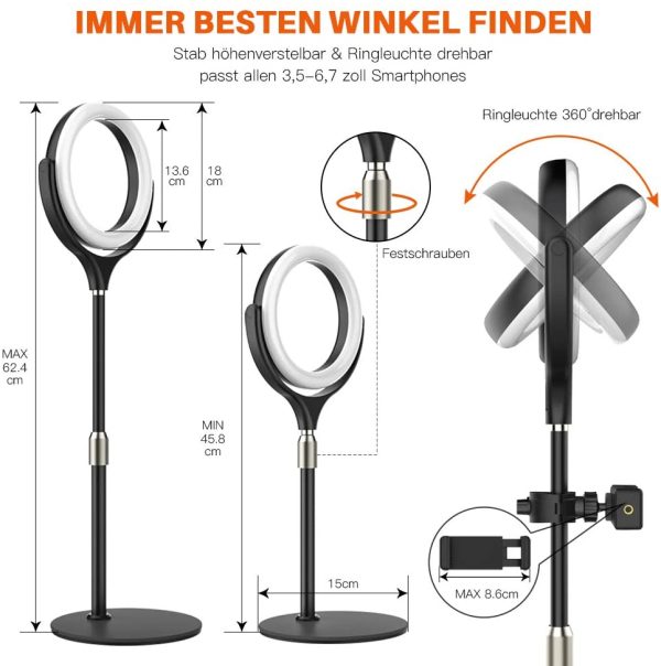 Yoozon Ringlicht,Ringlicht mit Sockel verstellbar, Ringlicht mit Stativ & Handyhalter für Tisch/Smartphone,ringleuchte für Vlog,Live,Led ringlight für Make Up,YouTube, Fotografie – Bild 2