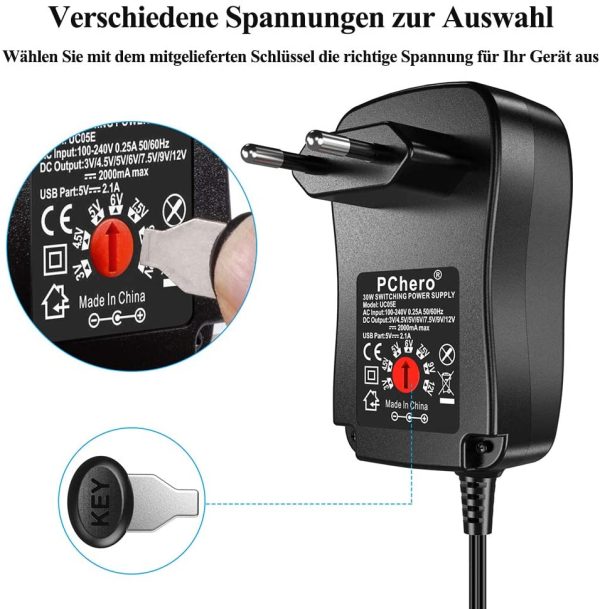 [Verbesserte Version] PChero 30W Universal AC/DC Adapter Schaltnetzteil mit 9pcs Adapter Tipps, enthält Mini & Micro USB Stecker, für 3V bis 12V Haushaltselektronik und LED-Streifen - 2000mA max – Bild 2