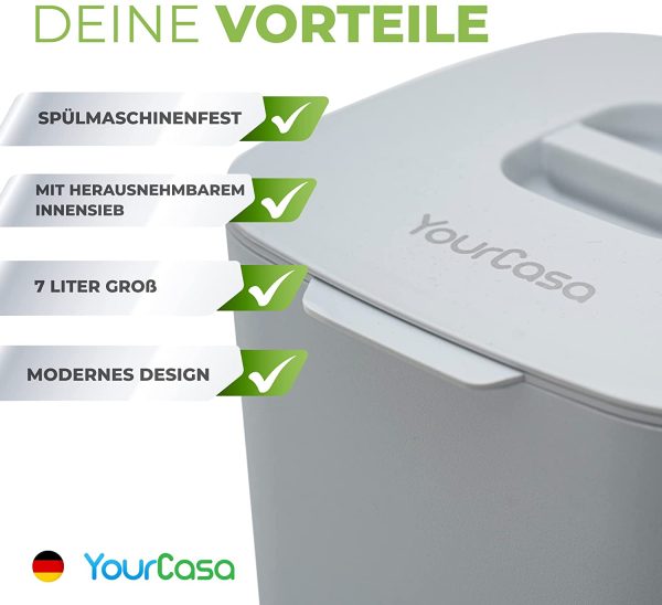 YourCasa® Komposteimer - 7L - für alltäglichen Biomüll in der Küche - Spülmaschinenfest - geruchsdicht- herausnehmbarer Inneneinsatz - Bio Mülleimer mit Deckel (Hellgrau)