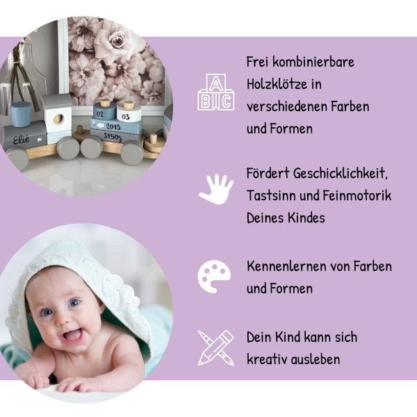 Kidslino Holz Eisenbahn blau - personalisierbar I Geschenk zur Geburt Jungen I Handmade Holzspielzeug mit Steckformen I Personalisierte Geschenke Baby I Holzzug mit Name & Geburtsdaten – Bild 2