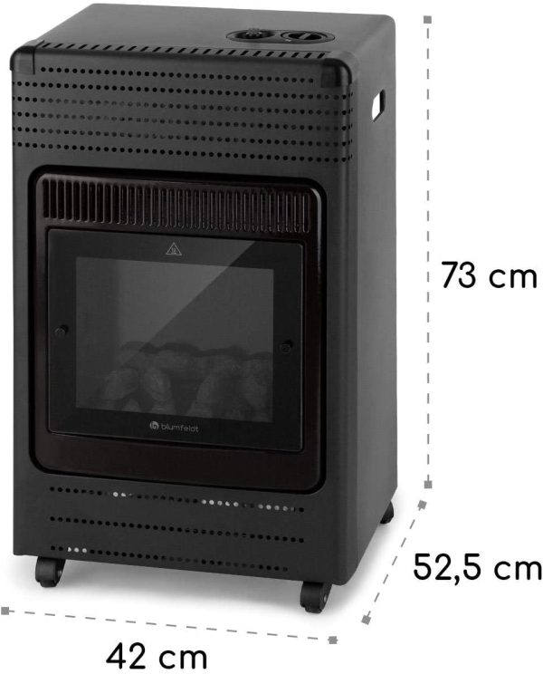 blumfeldt Andora Flame Gasheizofen - zwei Heizstufen mit 2 oder 3,4 kW, bis 11 kg Gasflaschen, Heizfläche: bis 68 m², inkl. Schlauch und Druckminderer, Feuerschein, elektrisches Zündsystem, schwarz