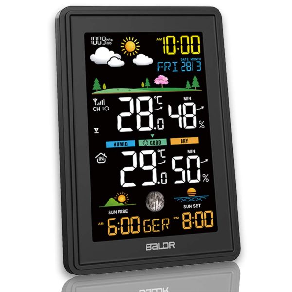 Konsen Wetterstation funk mit Außensensor Multifunktionale Funkwetterstation DCF Funkuhr Digital Thermometer Hygrometer mit Wettervorhersage, Schwarz – Bild 2