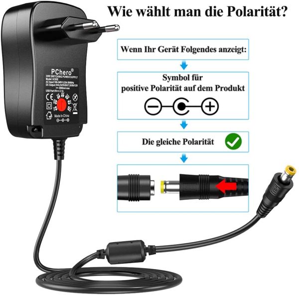 [Verbesserte Version] PChero 30W Universal AC/DC Adapter Schaltnetzteil mit 9pcs Adapter Tipps, enthält Mini & Micro USB Stecker, für 3V bis 12V Haushaltselektronik und LED-Streifen - 2000mA max – Bild 3