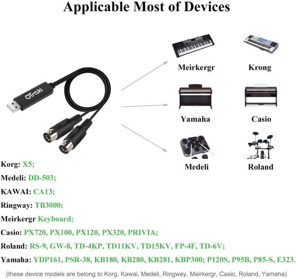 OTraki Midi USB Kabel Interface Konverter, 5 Polig In Out Midi zu USB Adapter Controller für Keyboard Piano Instrument auf Mac Computer PC Windows Laptop Musik Studio (2 m) – Bild 4