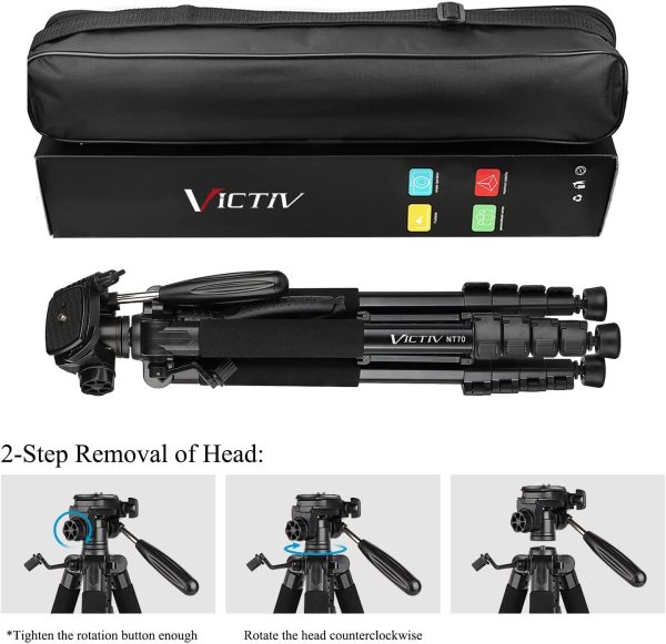 Victiv Kamera Stativ mit 52??60-185cm Höhe, leichtes Camera Tripod mit Abnehmbar 3-Wege-Kopf, Aluminium fotostativ für DSLR Canon Nikon Sony, Dreibeinstativ for Smartphone mit Handy Halterung – Bild 5