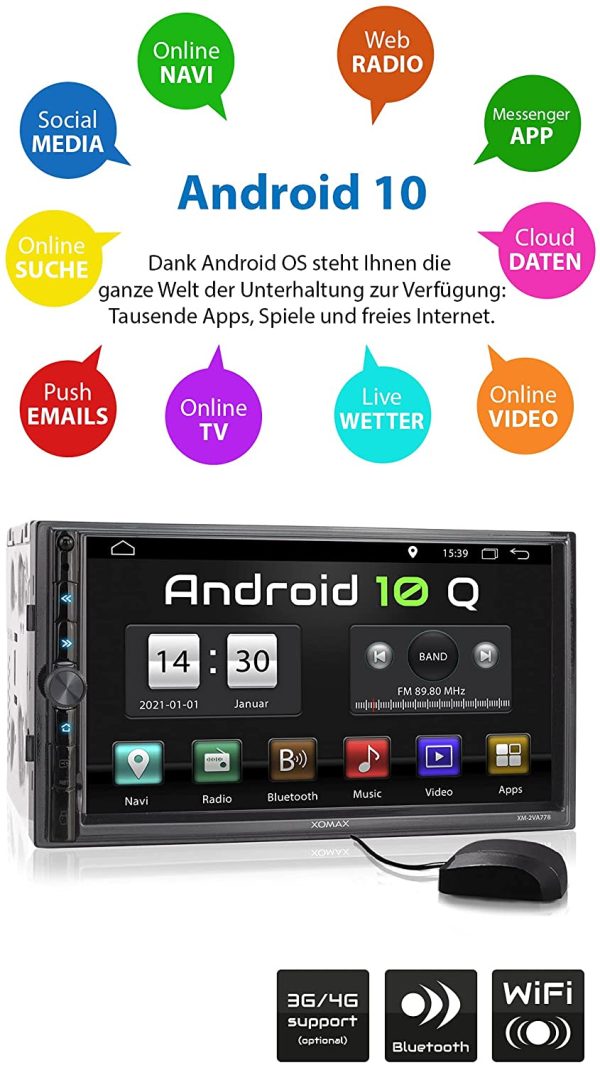 XOMAX XM-2VA778 Autoradio mit Android 10 I 2GB RAM, 32GB ROM I GPS Navigation, USB, SD I Bluetooth I 7 Zoll / 18 cm Touchscreen