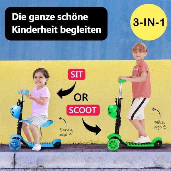 YOLEO 5-in-1 Kinder Roller Scooter mit Abnehmbarer Karikaturkorb Sitz Schubstange LED große Räder Bequeme Rückenlehne Höheverstellbare Lenker für Kleinkinder Jungen Mädchen ab 2 Jahre – Bild 6