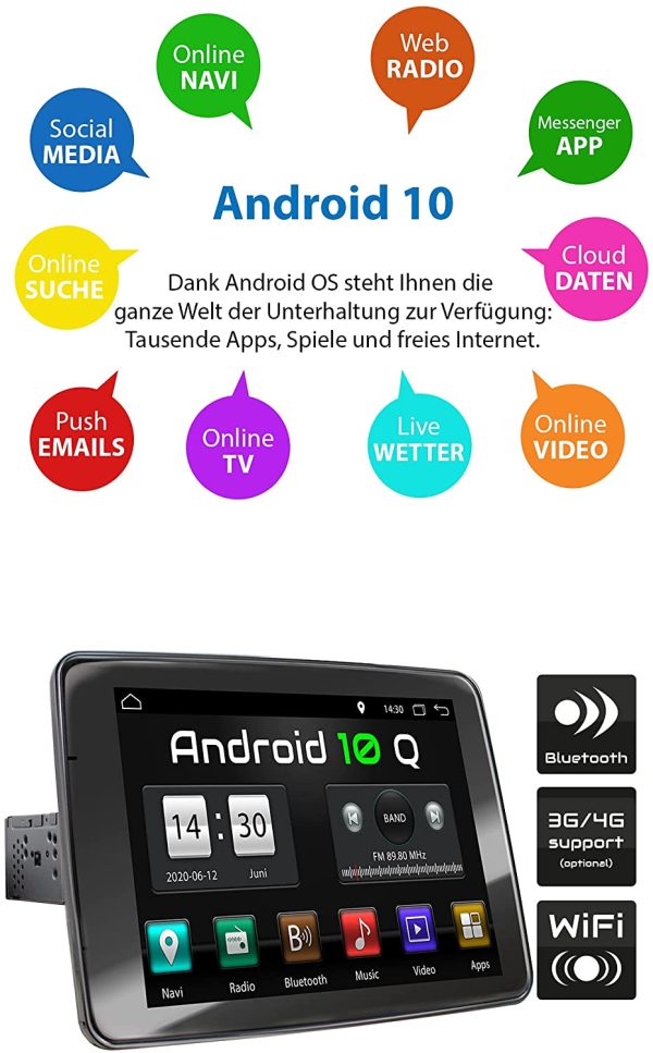 XOMAX XM-VA910R Autoradio mit Android 10, Quad Core, 2GB RAM, 32GB ROM, GPS Navigation I Support: WiFi WLAN, 3G 4G, DAB+, OBD2 I Bluetooth, 9 Zoll / 22,8 cm IPS Touchscreen, USB, SD, 1 DIN – Bild 7