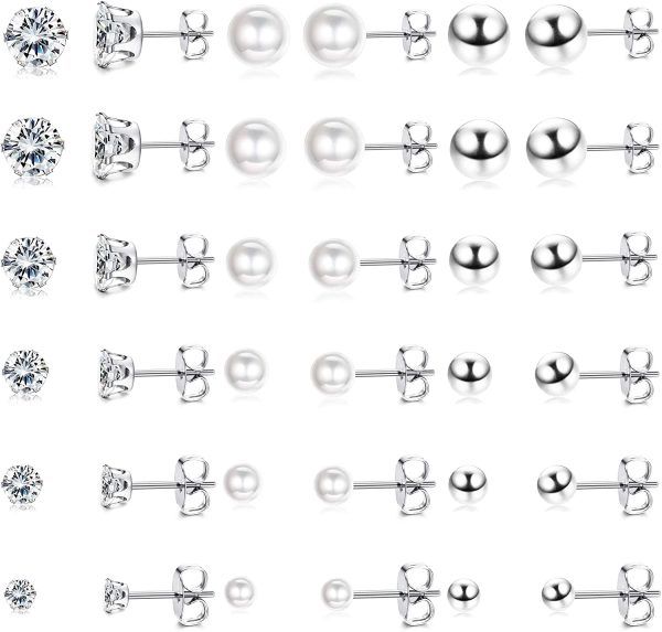 YADOCA 18 Paare Edelstahl Silber Ohrringe für Damen Mädchen Runde Ball Zirkonia Faux Perle Ohrringe Stecker Set Ohr Piercing Ohrstecker Verschiedene Größen (3-8mm) – Bild 5