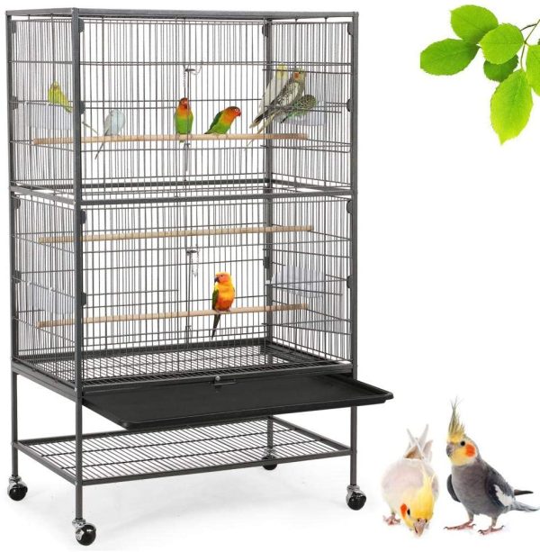 Yaheetech Vogelvoliere großer Vogelkäfig mit 2 Türen Vogelhaus mit Holzstangen und 4 Rollen mit schmutzwanneneinsatz 52 x 79 x 131 cm