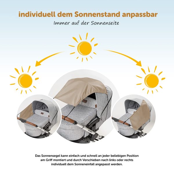 Zamboo Universal Sonnensegel - verstellbarer Kinderwagen Sonnenschutz mit UV Schutz 50 - flexibles Sonnenverdeck für Babywanne - Beige – Bild 4