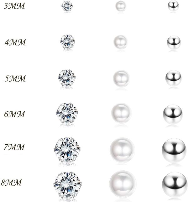 YADOCA 18 Paare Edelstahl Silber Ohrringe für Damen Mädchen Runde Ball Zirkonia Faux Perle Ohrringe Stecker Set Ohr Piercing Ohrstecker Verschiedene Größen (3-8mm) – Bild 4