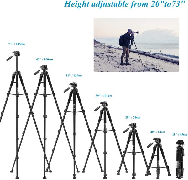 Victiv Kamera Stativ mit 52??60-185cm Höhe, leichtes Camera Tripod mit Abnehmbar 3-Wege-Kopf, Aluminium fotostativ für DSLR Canon Nikon Sony, Dreibeinstativ for Smartphone mit Handy Halterung – Bild 2