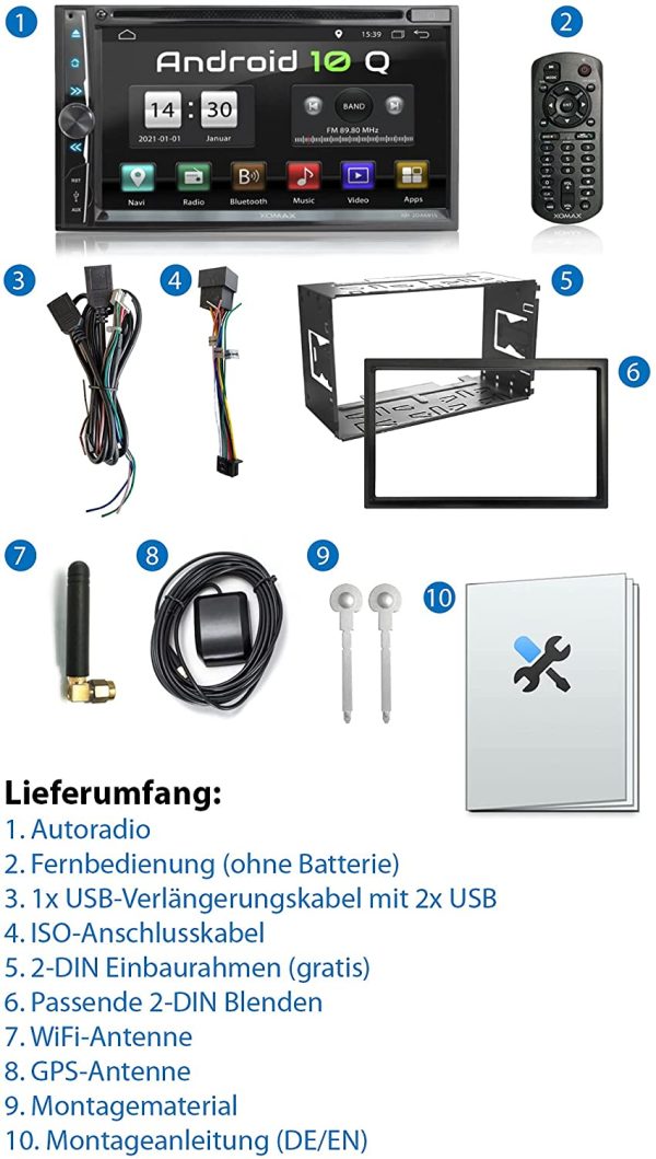XOMAX XM-2DA6915 Autoradio mit Android 10 I 2GB RAM, 32GB ROM I GPS Navigation, DVD, CD, USB, SD I Bluetooth I 6,9 Zoll / 17,5 cm Touchscreen