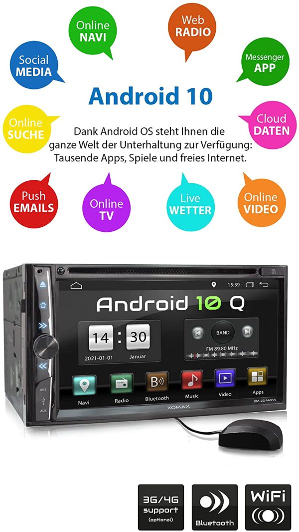 XOMAX XM-2DA6915 Autoradio mit Android 10 I 2GB RAM, 32GB ROM I GPS Navigation, DVD, CD, USB, SD I Bluetooth I 6,9 Zoll / 17,5 cm Touchscreen – Bild 4