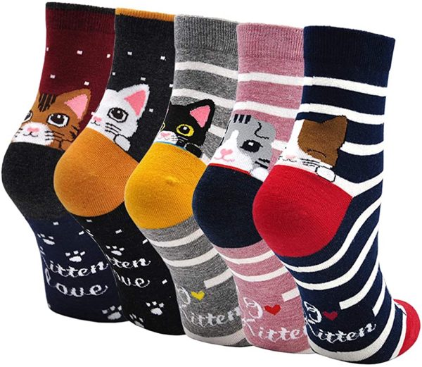 ZFSOCK Damen Bunte Socken Lustige Socken mit Motiv Karikatur Tier Witzige Niedlich Katze Hund Coole Socken Baumwolle Weihnachten Geschenkideen für Frauen Mädchen 5 Paare – Bild 3