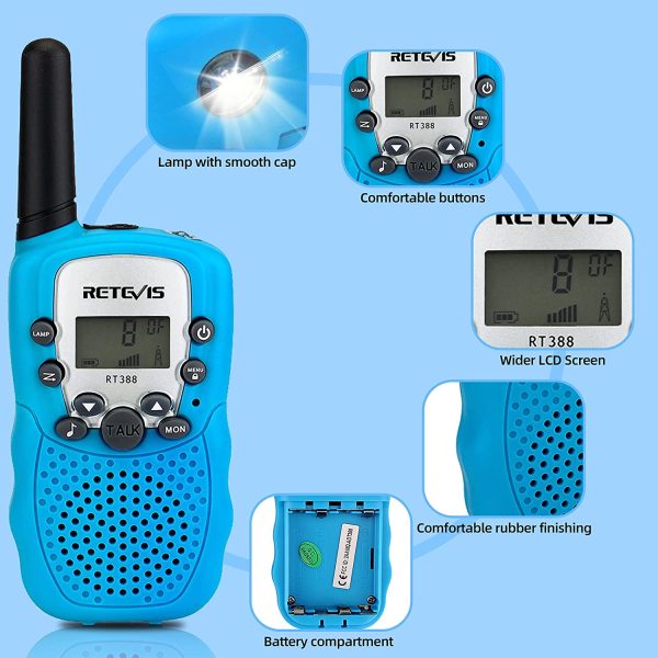 Retevis RT388 Walkie Talkies Kinder, Funkgerät Große Reichweite Spielzeug ab 3-12 Jahre, 8 Kanäle LCD Taschenlampe,Geschenke für Camping,Abenteuer,Wandern(1 Paar, Blau)