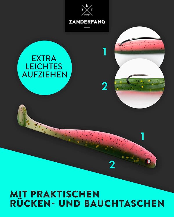 Zanderfang - Glasaugen Gummifische - Effektiver Köder für Zander und Barsch - mit Fischaroma aromatisiert - UV-Aktivität - 5er-Set – Bild 6