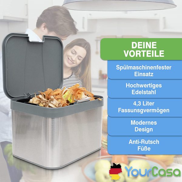 YourCasa® Edelstahl Komposteimer - 4,3L - für alltäglichen Biomüll in der Küche - Spülmschinenfester Inneneinsatz - geruchsdicht & abwaschbar - Bio Mülleimer mit Deckel Tischmülleimer (Grau) – Bild 3