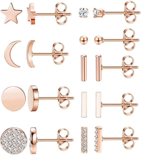 YADOCA 9 Pairs Edelstahl Ohrringe Ohrstecker Set für Damen Mädchen Star Mond Bar Ball Ohrringe CZ Knorpel Helix Ohr Piercing Tragus Ohrstecker Silber Roségold – Bild 6