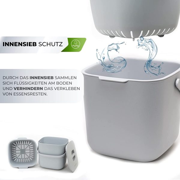 YourCasa® Komposteimer - 7L - für alltäglichen Biomüll in der Küche - Spülmaschinenfest - geruchsdicht- herausnehmbarer Inneneinsatz - Bio Mülleimer mit Deckel (Hellgrau) – Bild 3