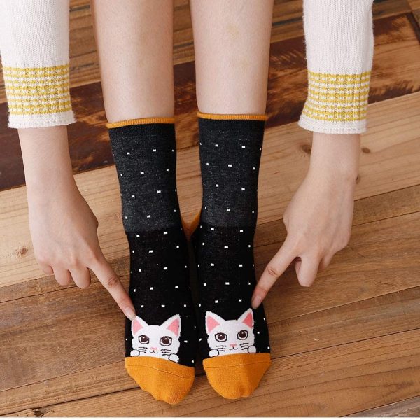 ZFSOCK Damen Bunte Socken Lustige Socken mit Motiv Karikatur Tier Witzige Niedlich Katze Hund Coole Socken Baumwolle Weihnachten Geschenkideen für Frauen Mädchen 5 Paare – Bild 2