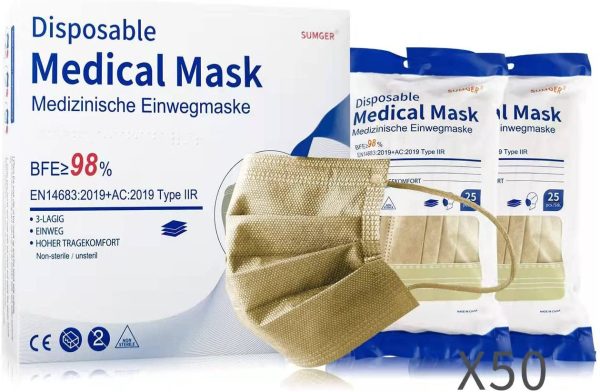 SUMGER Medizinische Einwegmasken TYPE IIR, 50 Einheiten, Beige, CE Zertifizierte, BFE ??98%, EN 14683: 2019 + AC: 2019 – Bild 4