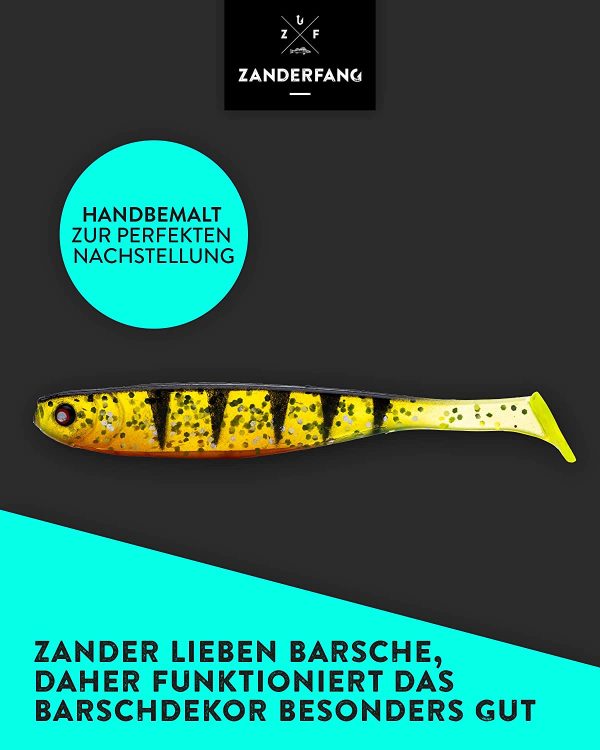 Zanderfang - Glasaugen Gummifische - Effektiver Köder für Zander und Barsch - mit Fischaroma aromatisiert - UV-Aktivität - 5er-Set – Bild 7