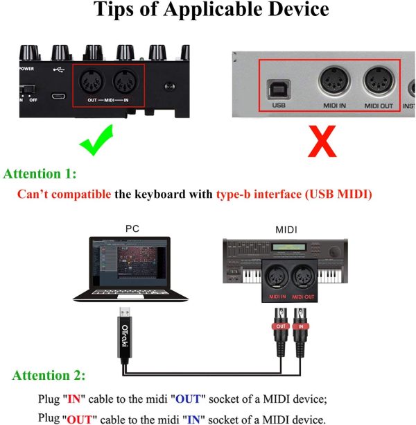 OTraki Midi USB Kabel Interface Konverter, 5 Polig In Out Midi zu USB Adapter Controller für Keyboard Piano Instrument auf Mac Computer PC Windows Laptop Musik Studio (2 m) – Bild 6